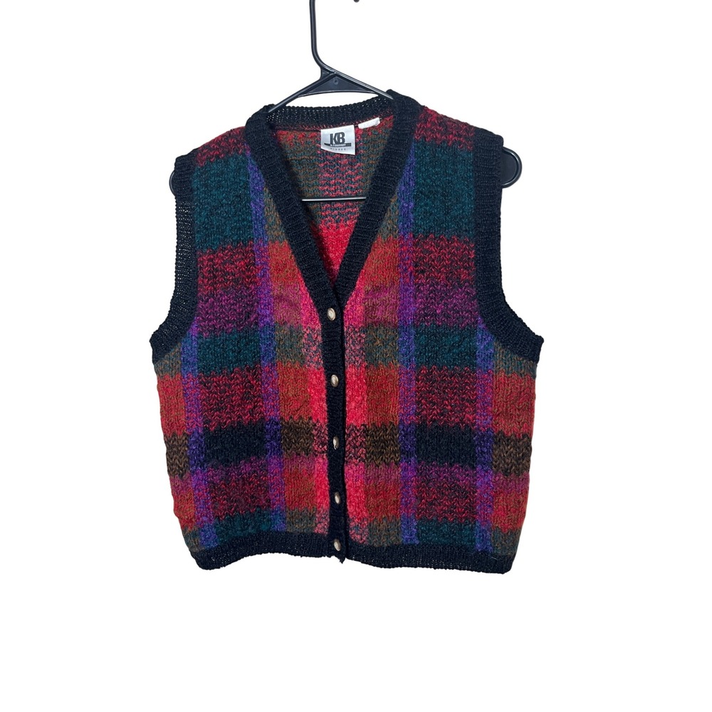 KB & Company Misses Plaid Button Front V Neck Knit‎ Sweater Vest Women M